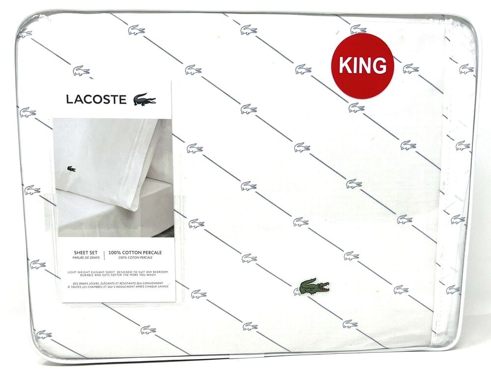 Lacoste Crocodile Logo KING Sheet Set White Blue 100% Cotton Percale Alligator